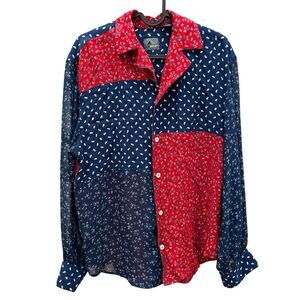 Liz Wear S Red and Blue Floral Patchwork Button Down Long Sleeve Blouse Vintage